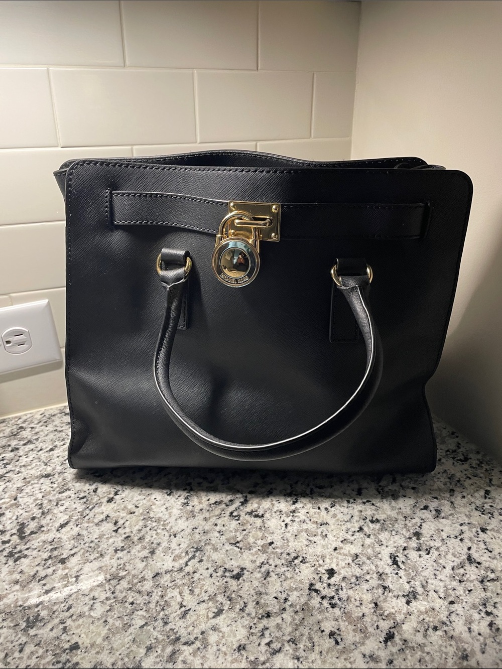 Michael Kors Black Leather Tote with Gold Padlock - Picture 1 of 3